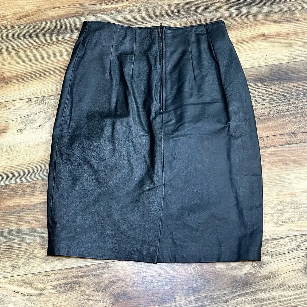 Vintage Black Leather Pencil Skirt 1980s 80s Rock Chic Office Siren Dark